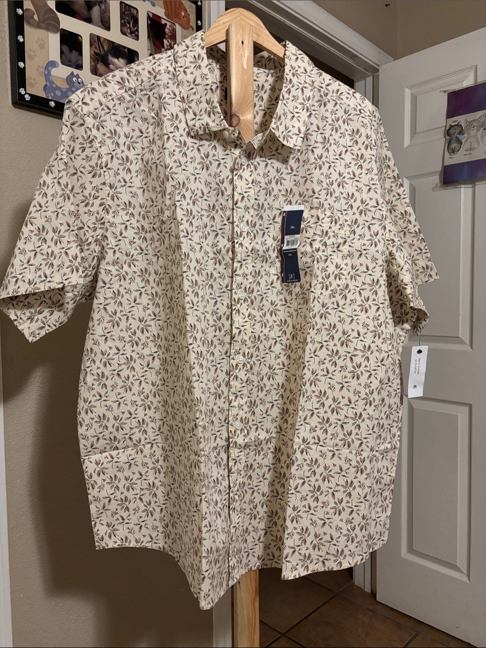 George Beige Short-Sleeve Button-Down with Leaf Print